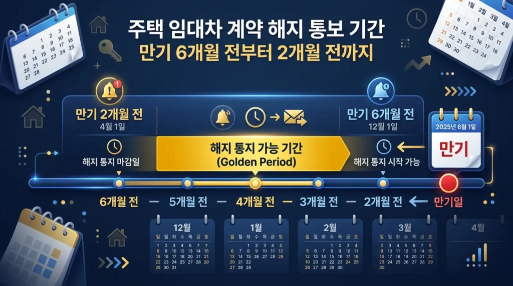 통지 시점 — 6개월 전부터 2개월 전까지 묵시적 갱신 통지 기간 6개월 2개월 전 달력