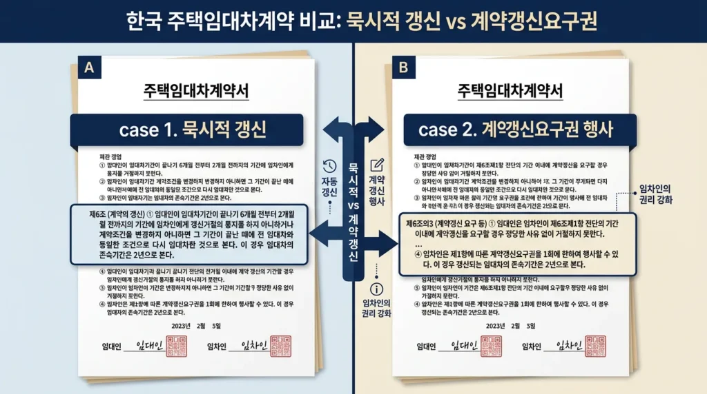 묵시적 갱신 vs 계약갱신요구권 묵시적 갱신과 계약갱신요구권 비교 서류