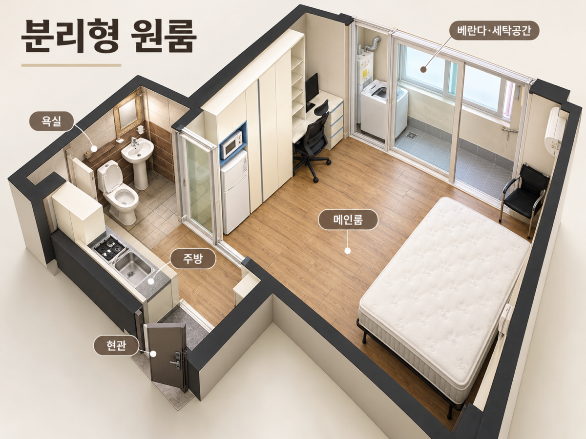 주방과 침실이 구분된 분리형 원룸의 3D 구조 예시